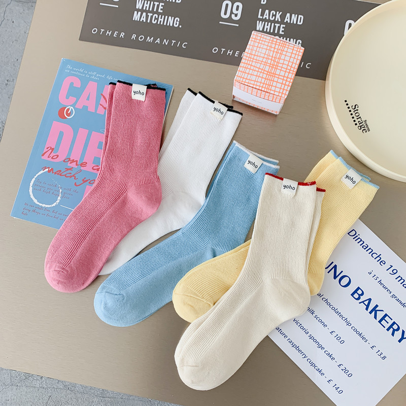 Ins Spring and Summer New Product Heel English Cloth Label Color Matching Women's Socks Mid-Calf Socks Candy Color Niche Pure Cotton Pile Socks