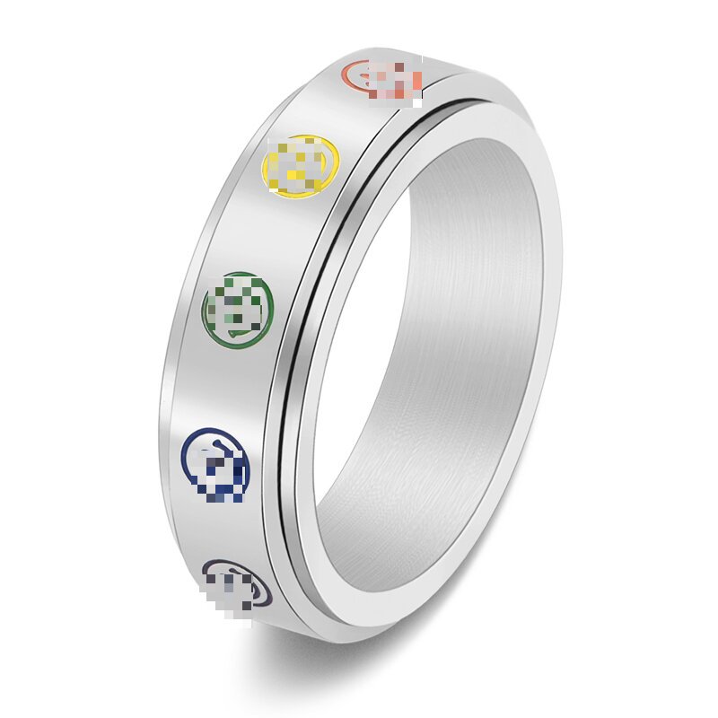 Cross-Border Supply Personalized Titanium Steel Jewelry Smiling Face Rainbow Six-Color Rotatable Ring Niche Women's Oil Dripping Jewelry