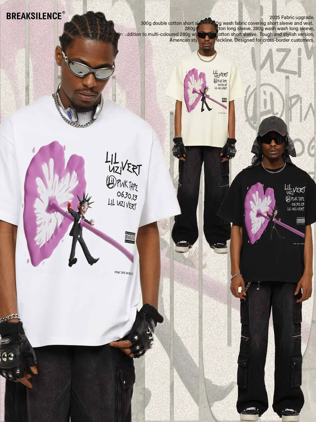 Cross-border 2025 Spring and Summer Lil uzi vert Double Yarn Pure Cotton T-shirt American Retro Breathable Printed Short-sleeved Men's Trendy