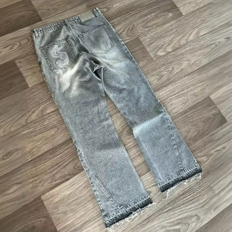 European and American Cross-Border Trendy Brand Towel Embroidered Jeans Men's Y2K High Street Niche Design Versatile Casual Straight Pants Trendy