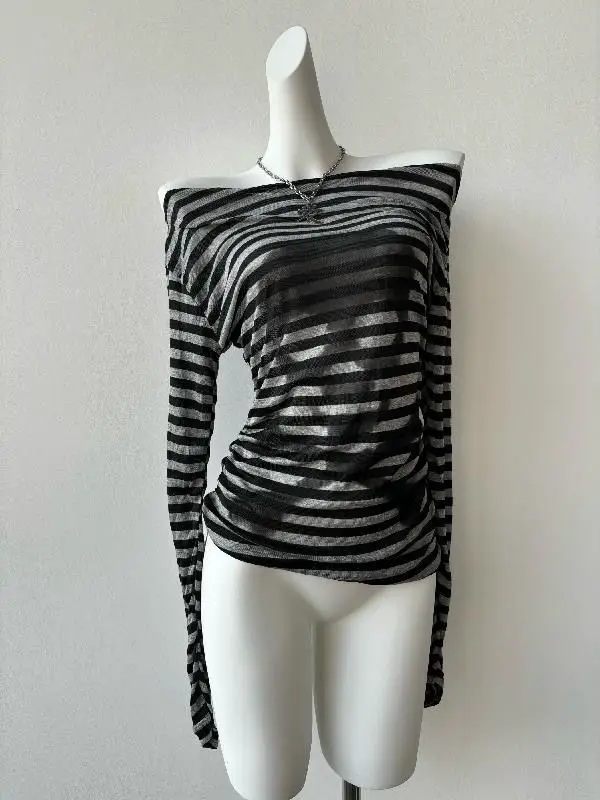 Subculture Rock Gothic Y2K Millennium Shibuya Sexy Stripes Skull T-Shirt Female silm Long sleeves Tops