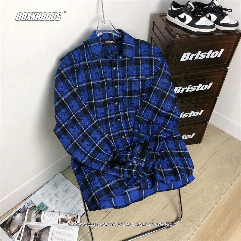 Xiaohongshu's popular online item is a spring and autumn printed dart cross checkered pattern leather covered casual and fashionable long sleeved shirt