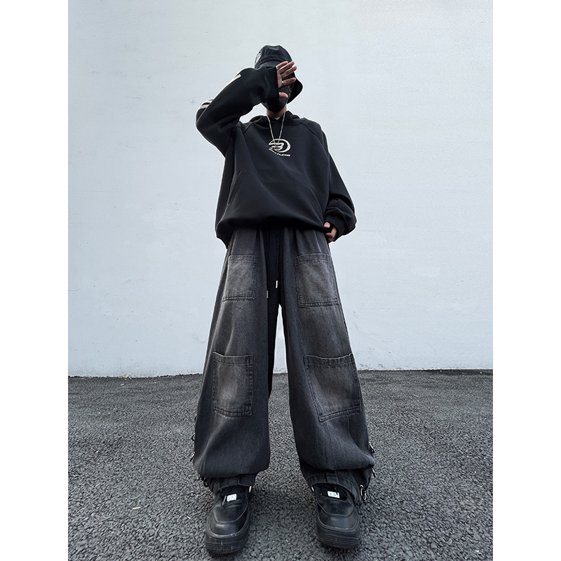 Japanese Men's Fashionable Double Stereo Pocket Jeans Spring New Retro Dressed Washed Workwear Loose Feet Trousers