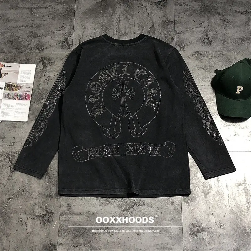 Heavy Industry Hot Diamond Fried Snowflake Washed Old Accessible Luxury High-End Pure Cotton Four-Season Long-Sleeved T-Shirt Trendy Men's and Women's Clothing