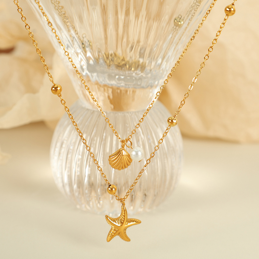 Titanium steel high color retention double layer starfish shell summer holiday style clavicle chain stacked necklace vacuum plated 18K gold