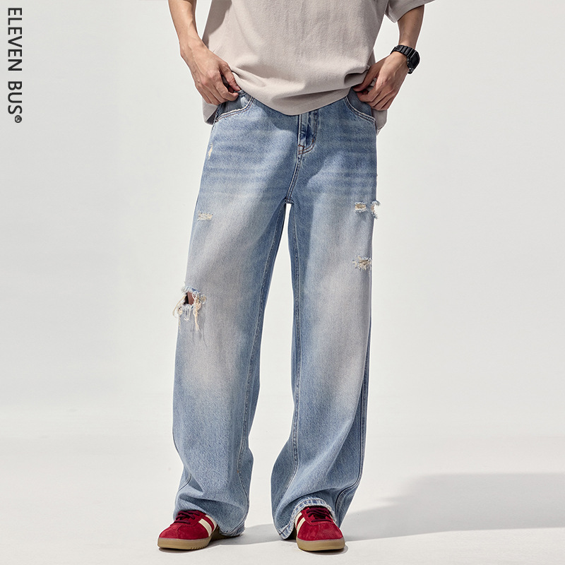 Lewei Men's Ripped Jeans Men's Pure Cotton Blue Hong Kong Style Slim Design Youth Straight Casual Pants