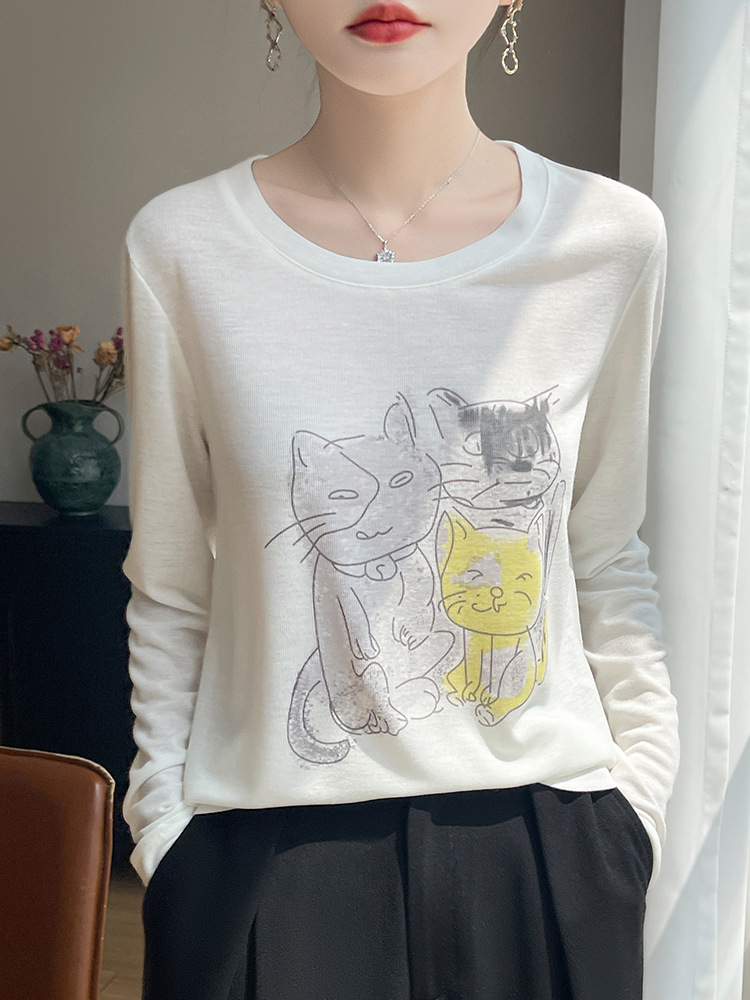 2026 Spring and Summer New Style Cartoon Cat Print Long-Sleeved T-Shirt Women's Round Neck Pullover Loose Casual Age-Reducing Top