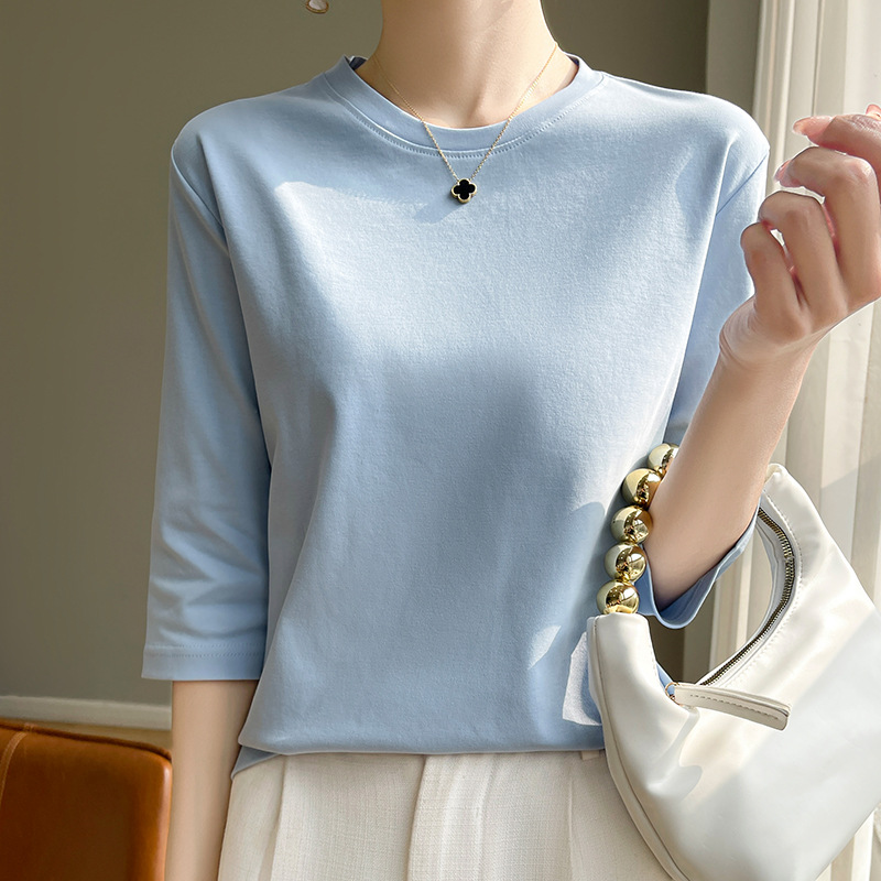 Round neck mercerized cotton 3/4 sleeve t-shirt for women 2024 spring and summer new elegant all-match cotton thread bottoming shirt half sleeve for women