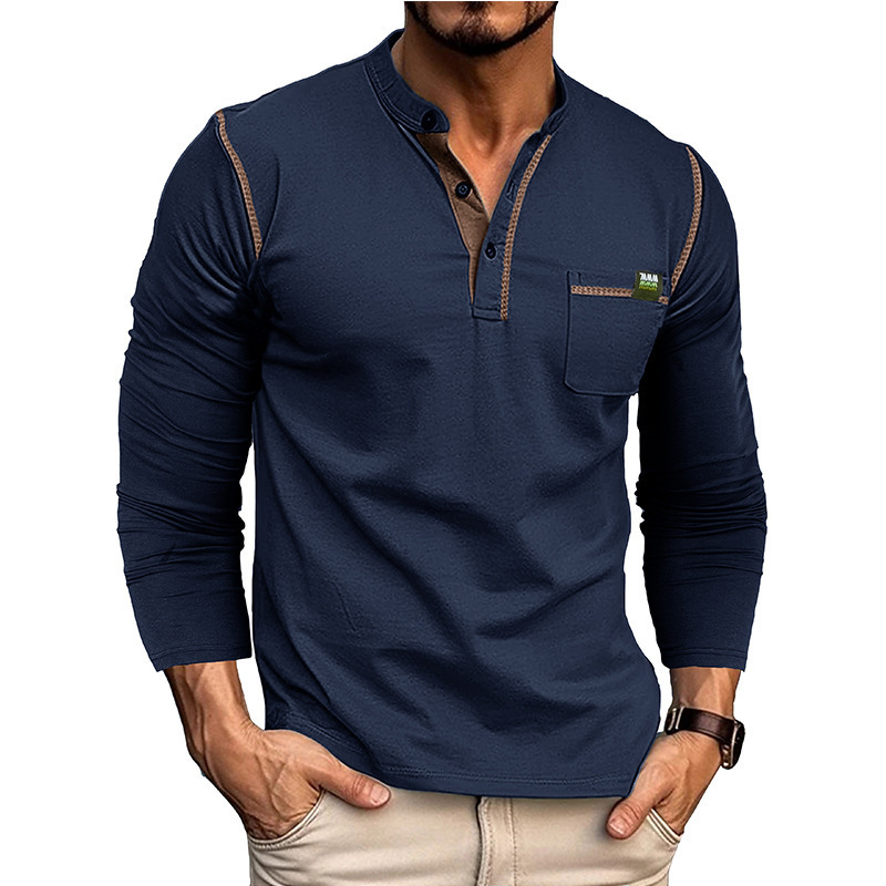 2025 Spring and Summer Cross-border European and American Men's Long-sleeved T-shirt Foreign Trade Men's Henry Shirt Amazon Color-matching T-shirt Top
