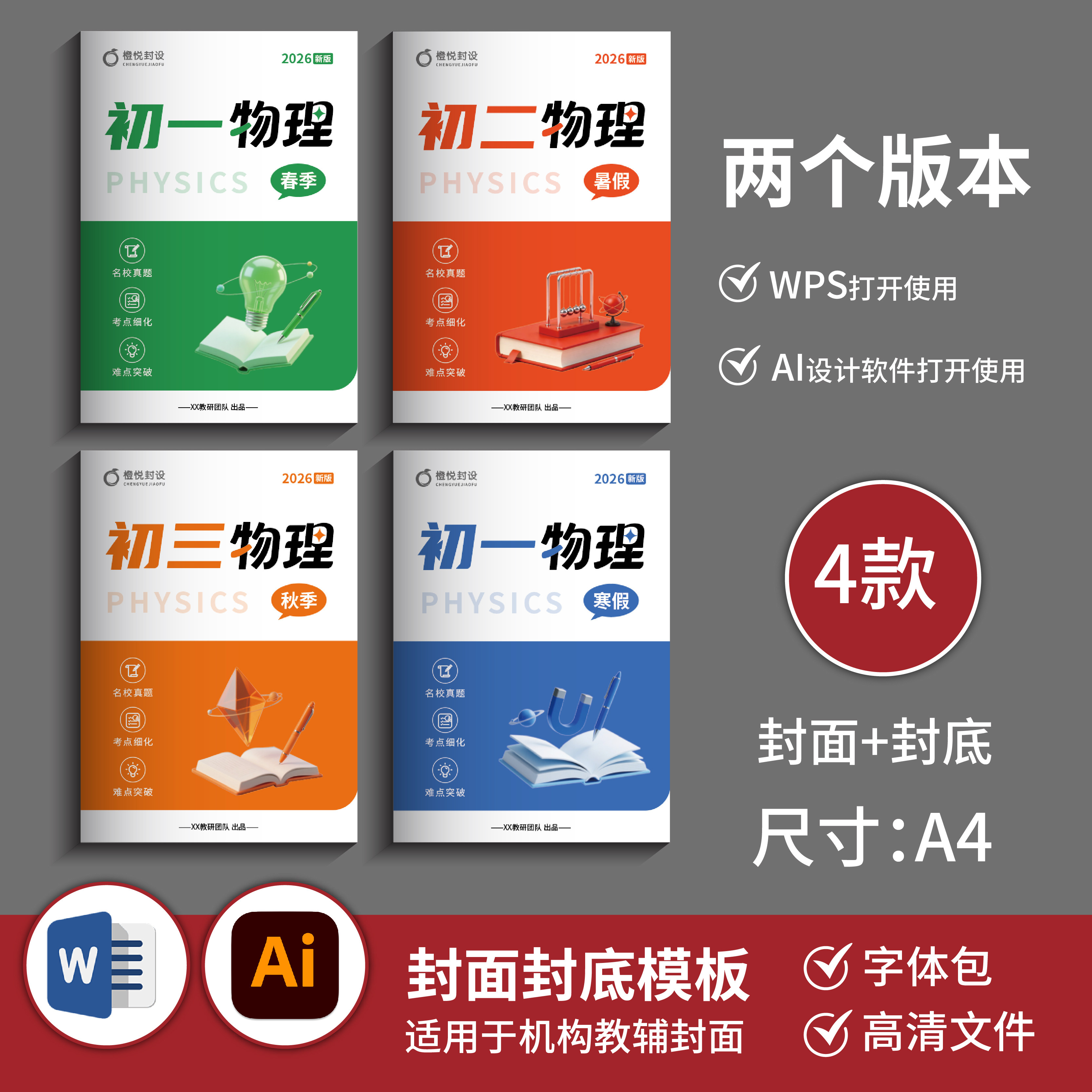 Junior High School Physics 3D Element Illustration Cover Template (4 Types: Front Cover + Back Cover) Word + Ai File B081