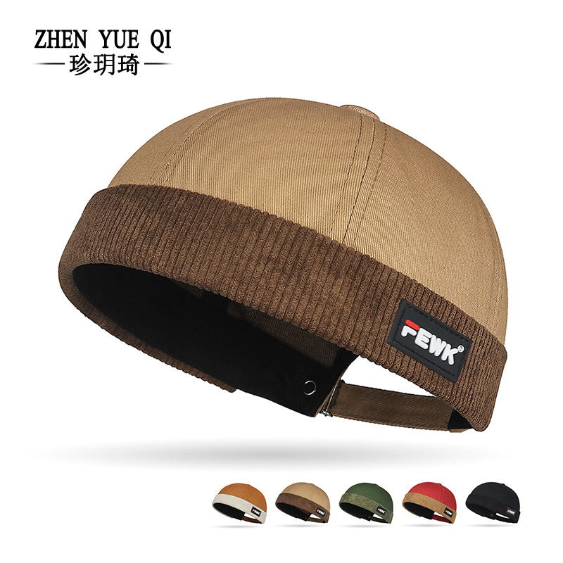 Spring and Autumn New Fashion Couple Hip-Hop Melon Skin Floor Hat FEWK Leather Label Retro Stitching Corduroy All-Match Tang Hat