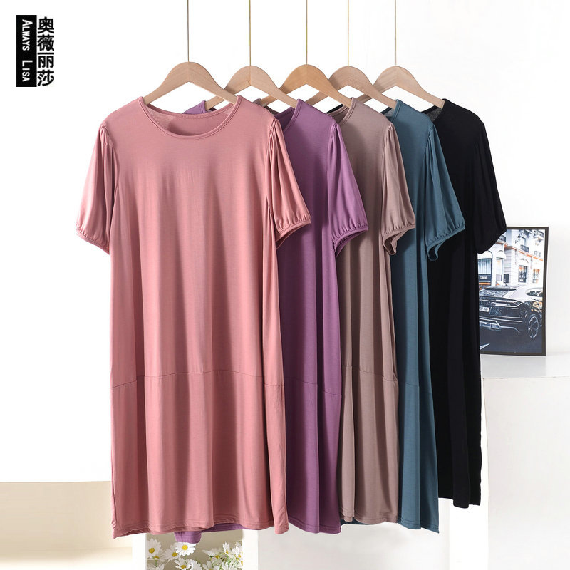 Modal Nightdress Women's Summer Plus Size Loose Thin Mother's Bubble Short-sleeved Home Clothes Dress