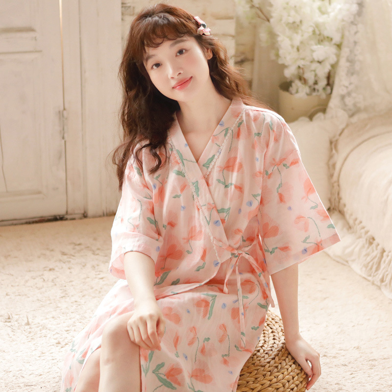 Japanese-Style Kimono Robe Thin Dress with Straps Bathrobe Pajamas for Women Summer Loungewear Summer Kimono Short-Sleeve