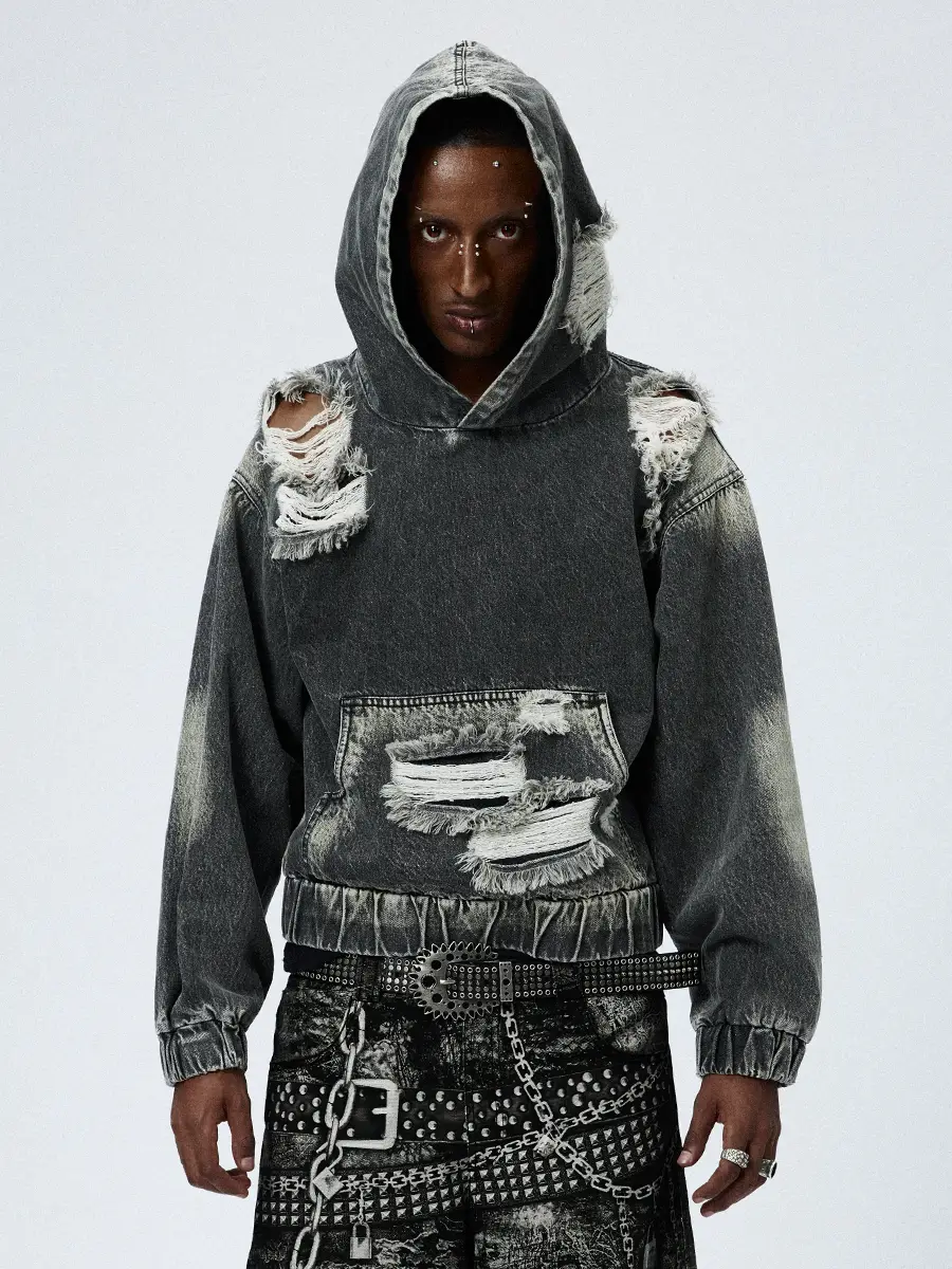Dnd4Des Captain's Same Style Washed and Distressed Oversized Cropped Drop-Shoulder Hoodie