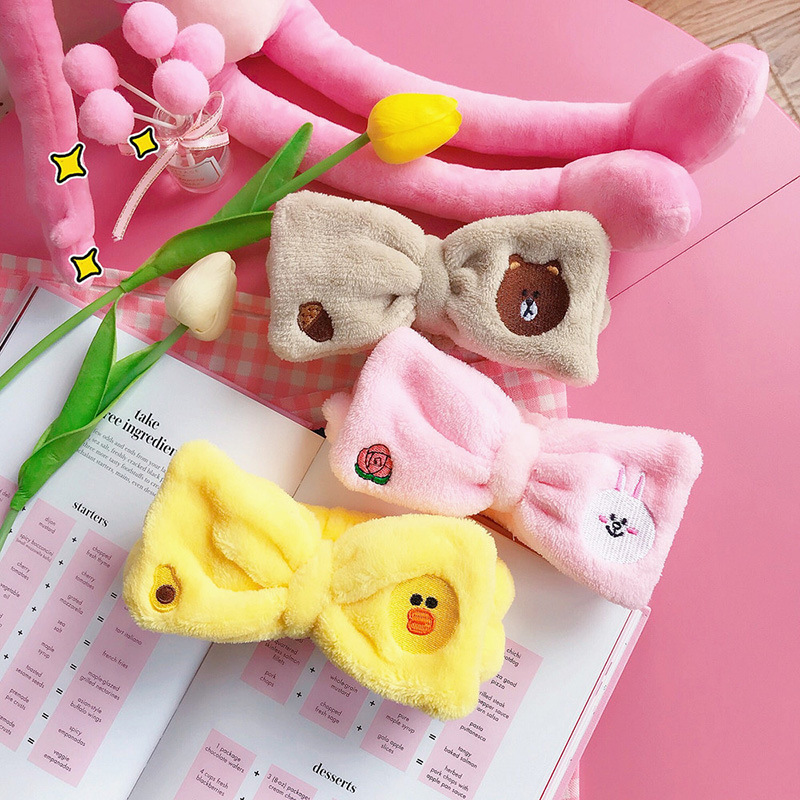 Korean Style Simple Face Wash Hair Band South Korea Cute Rabbit Ears Wash Bow Embroidered Headscarf Hair Band Women's Hair Band