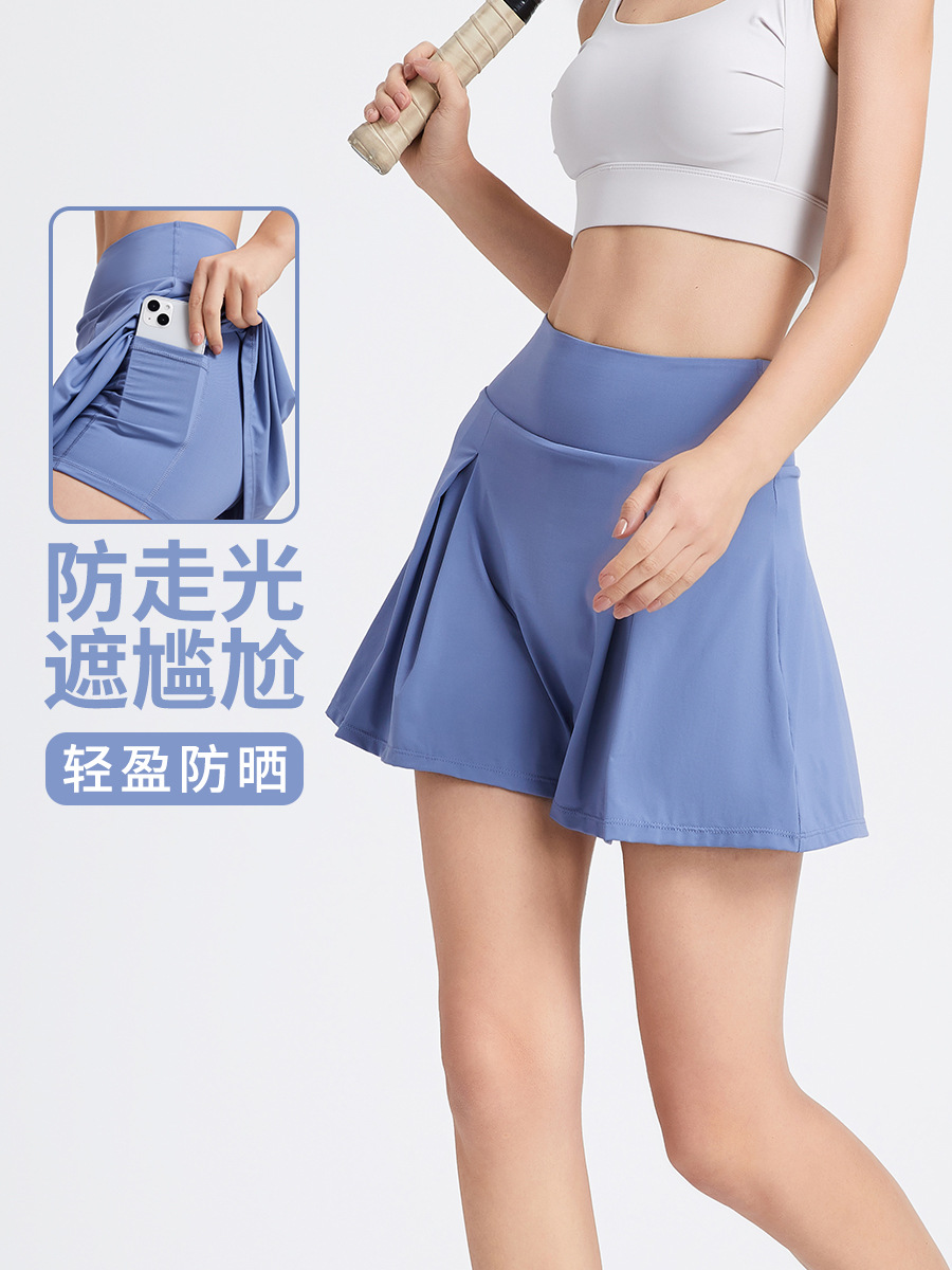 Spring and Summer new cool sun-proof pleated tennis skirt high waist slimming fake two-piece anti-exposure two-side pocket yoga skirt