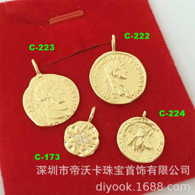 Copper Plated 14K Pack Gold Vertical Hole Vintage Portraits Set Stone Mangxing Insect Bee Coin Gold Pendant Pendant