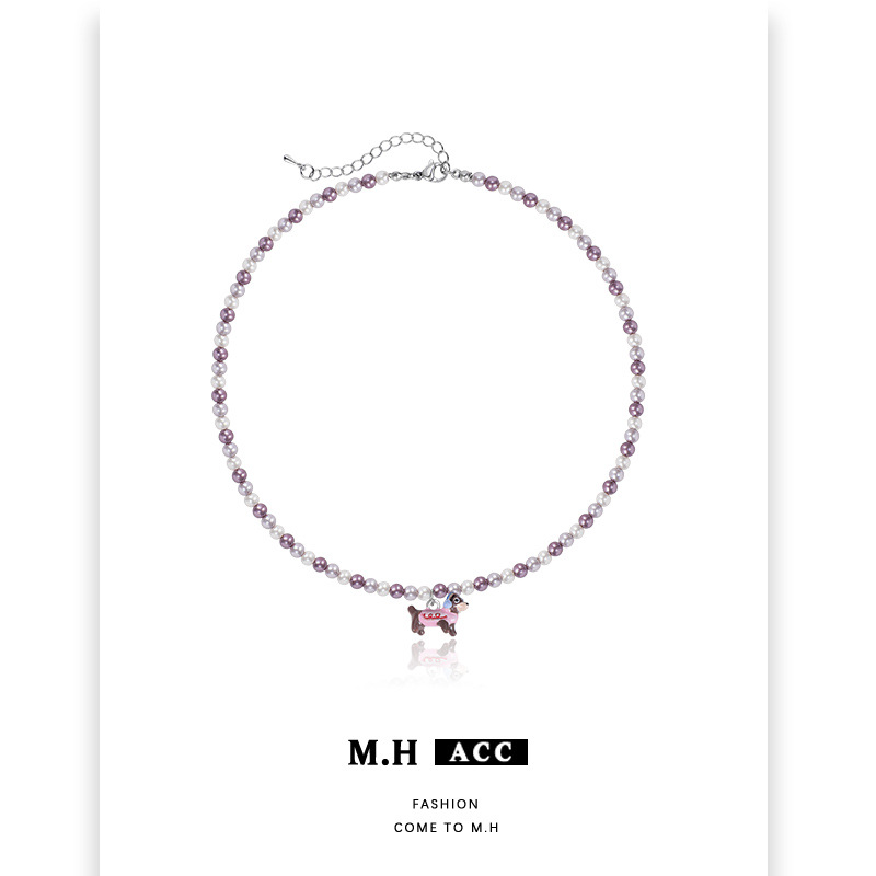 Dopamine Pink Dachshund Puppy Pearl Necklace Women's 2025 New High-End Accessible Luxury Niche Clavicle Chain Accessories