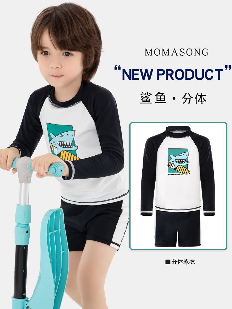 Momasong Children's Swimsuit Boy's Long Sleeve Split Swimsuit Big Boy's Shark Sunscreen Quick-Dry Swimsuit