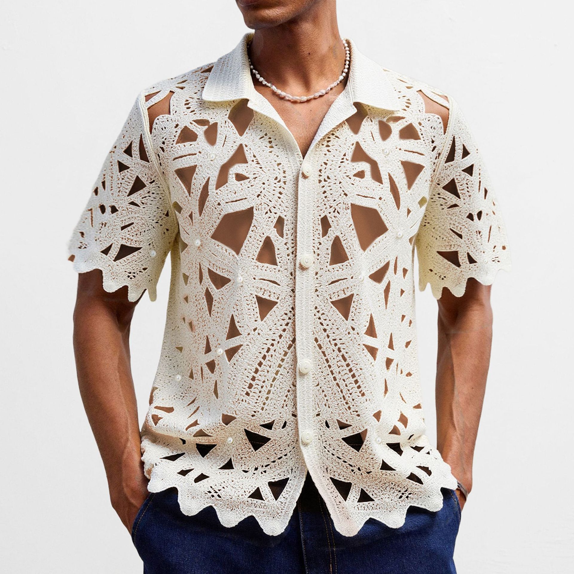 Source Factory Wholesale Summer New Style Men's Crochet Knitwear with Turn-Down Collar, Short-Sleeve Cardigan Polo Shirt Sy0210