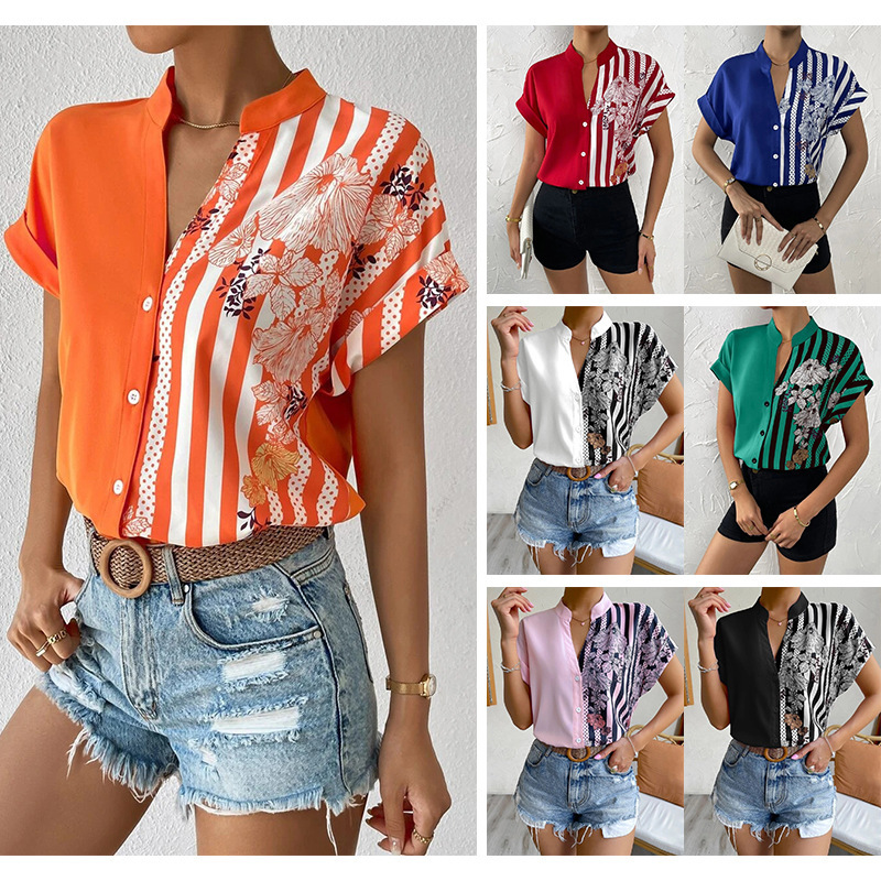 2023 Europe and the United States Amazon cross-border women's summer new double color contrast flower button cardigan short sleeve shirt Women