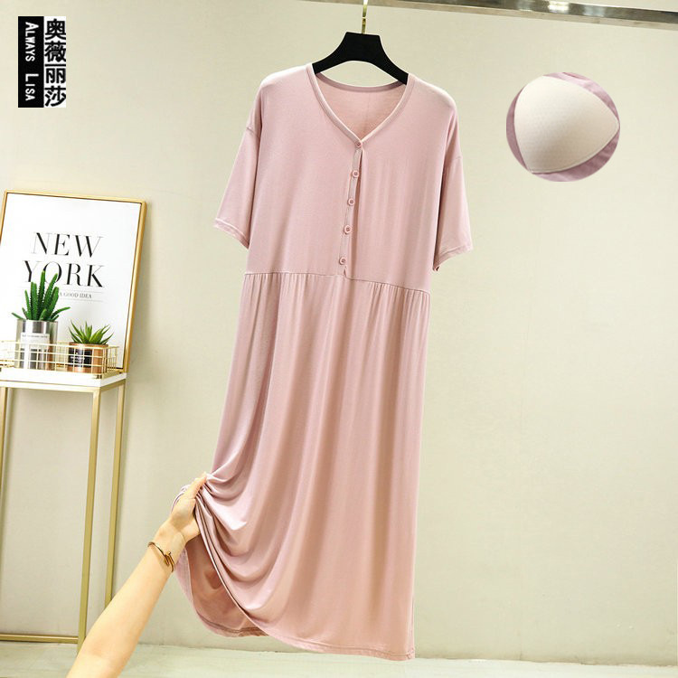 Modal Short-sleeved Detachable Two-wear Home dress Loose Large Swing Dress Button V-neck Base Dress