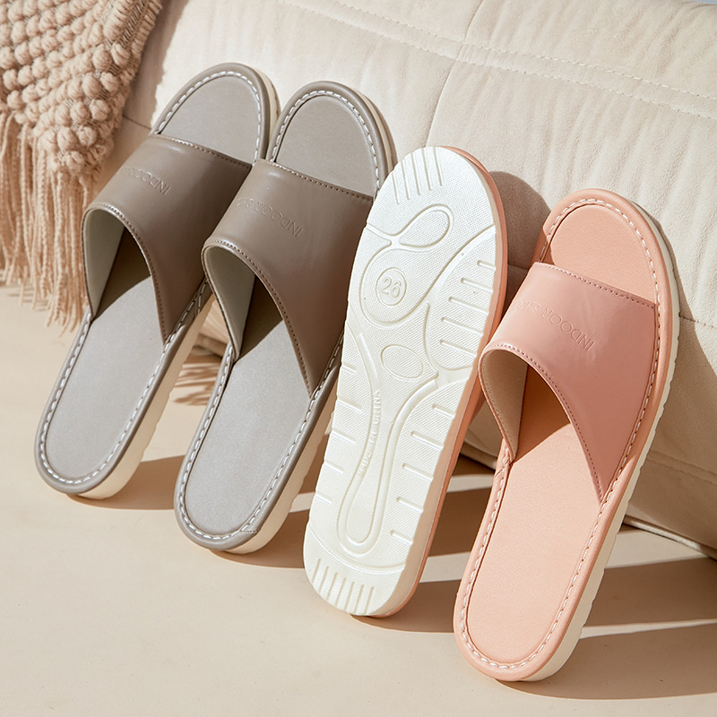 Summer Home PU Leather Sandals and Slippers Home Couple Indoor Floor Non-Slip Linen Leather Slippers for Women Home Wholesale