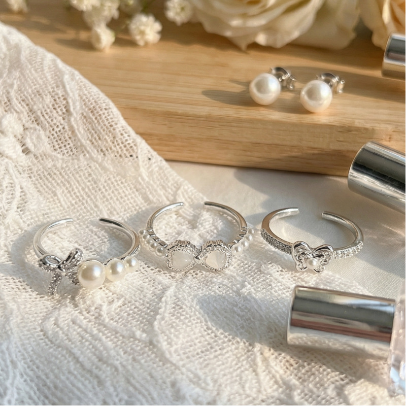 Gentle and Sweet Pearl-Encrusted Diamond Bowknot Heart Zircon Open Ring, Exquisite Niche Design Stackable Ring for Women
