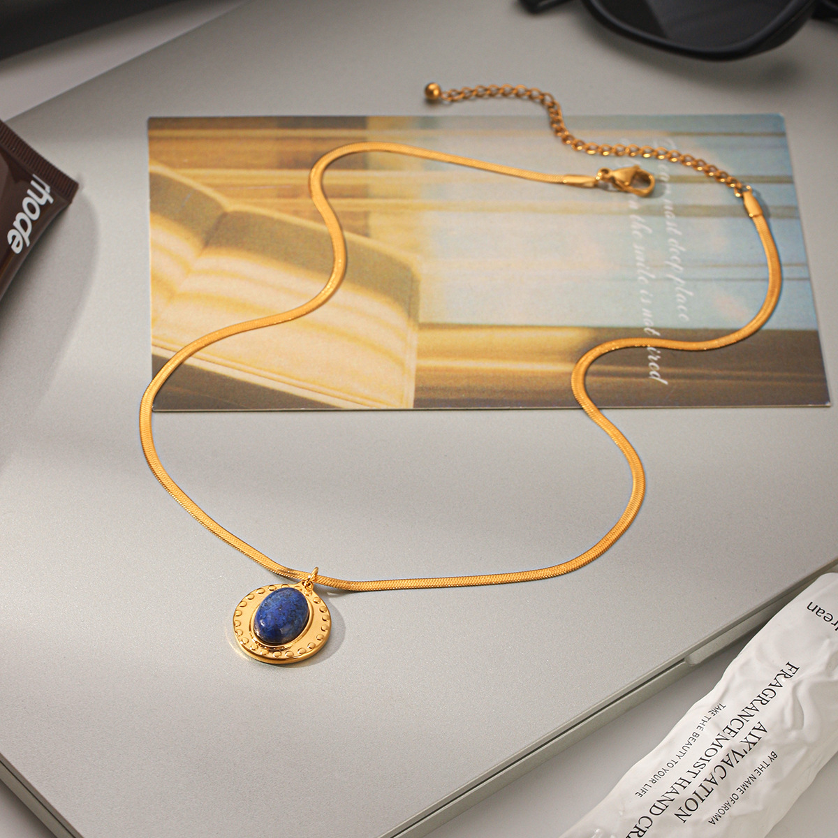 Cross-Border New Product Lapis Lazuli Pendant, Light Luxury and High-End Clavicle Chain, Fashionable and Versatile Necklace, Non-Fading Titanium Steel Accessories