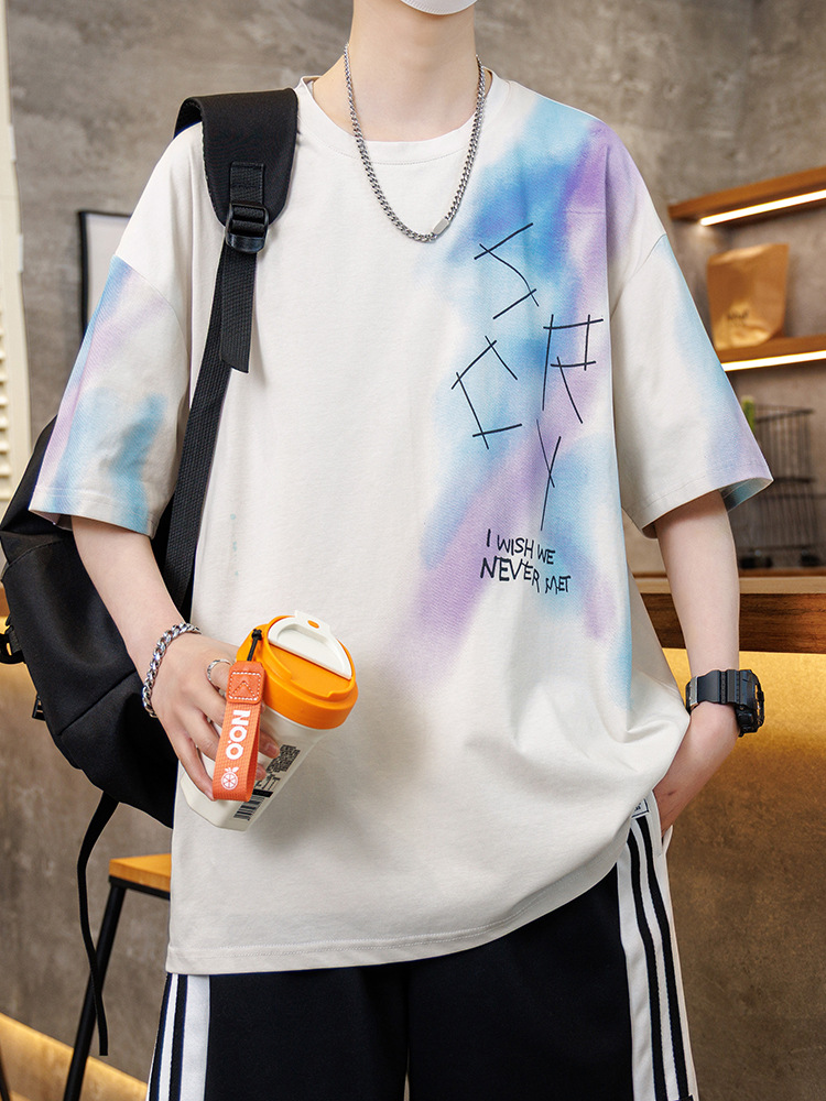Teenage Graffiti Short-Sleeved T-Shirt for Boys 12-15 Years Old, Junior High School Students 13, Handsome Summer Wear 14, Loose-Fitting T-Shirt Top