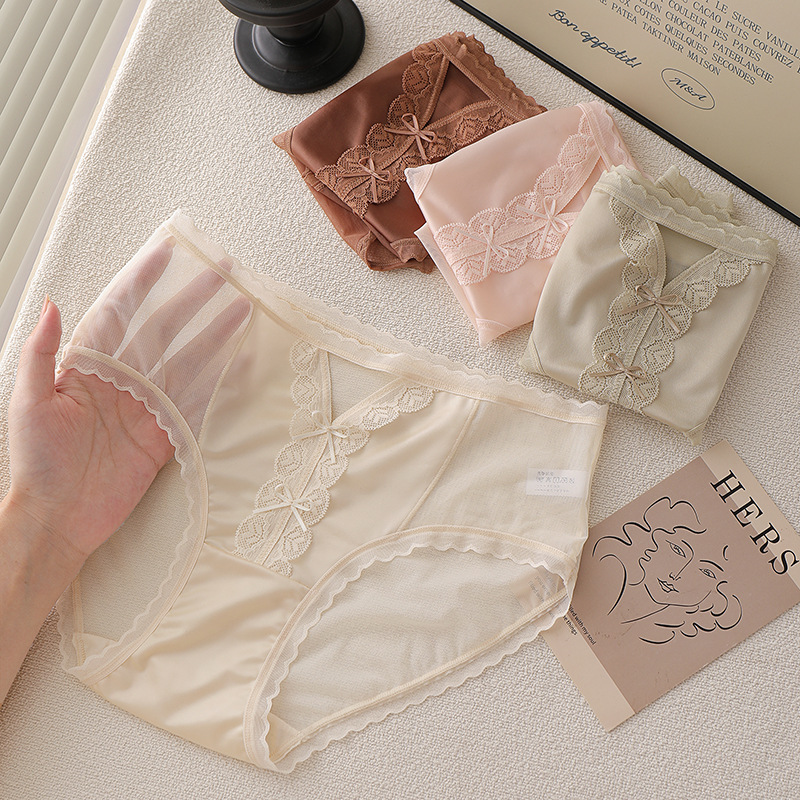 New Ice Silk Underwear Women's Silky Satin Mid-Waist Sexy Women's Underwear 7A Antibacterial Cotton Crotch Lace Women's Underwear