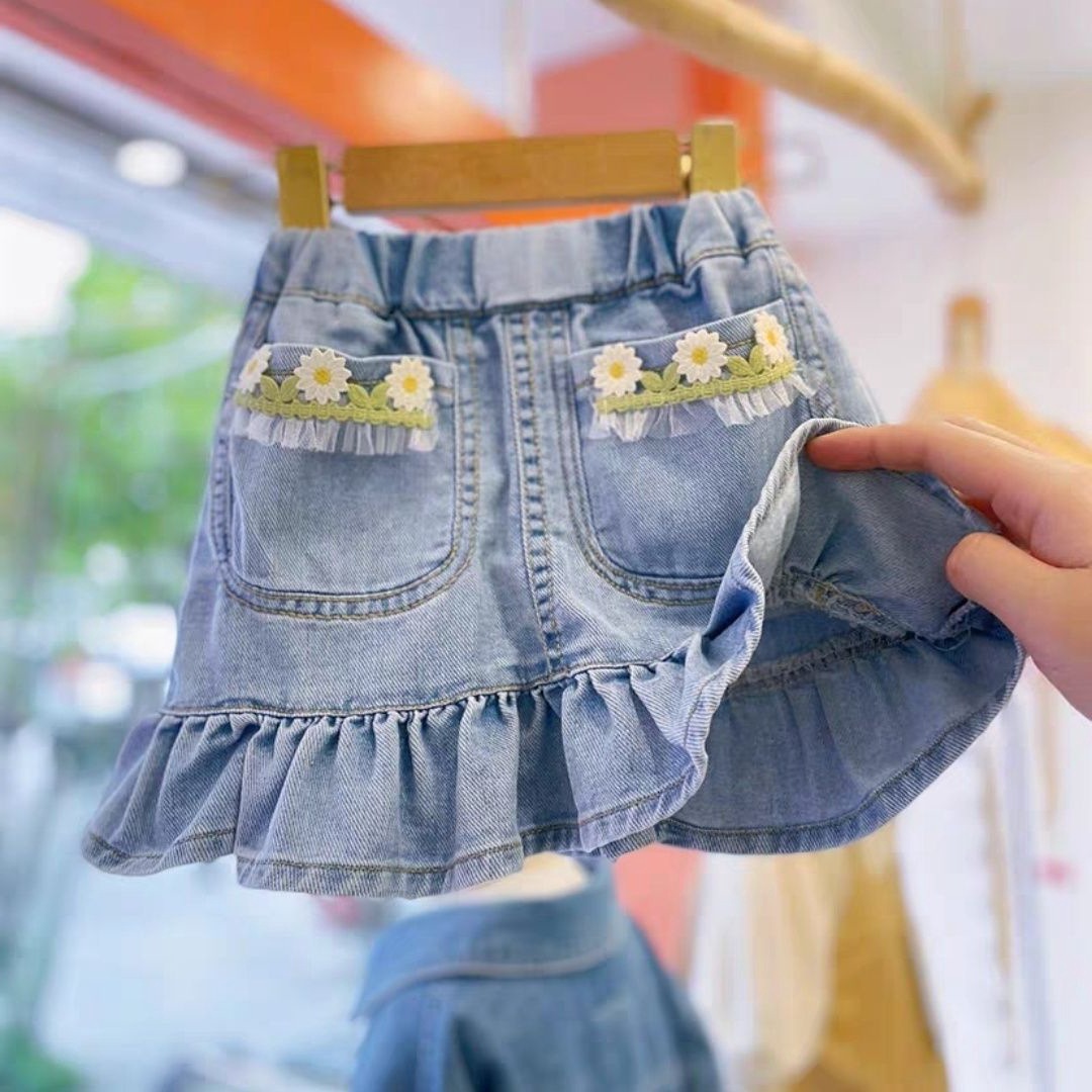 Girls' Summer Denim Skirt Baby's Western Style Children's Personalized Trendy Brand Korean Style Flower Skirt Cyber Popular Fishtail Skirt