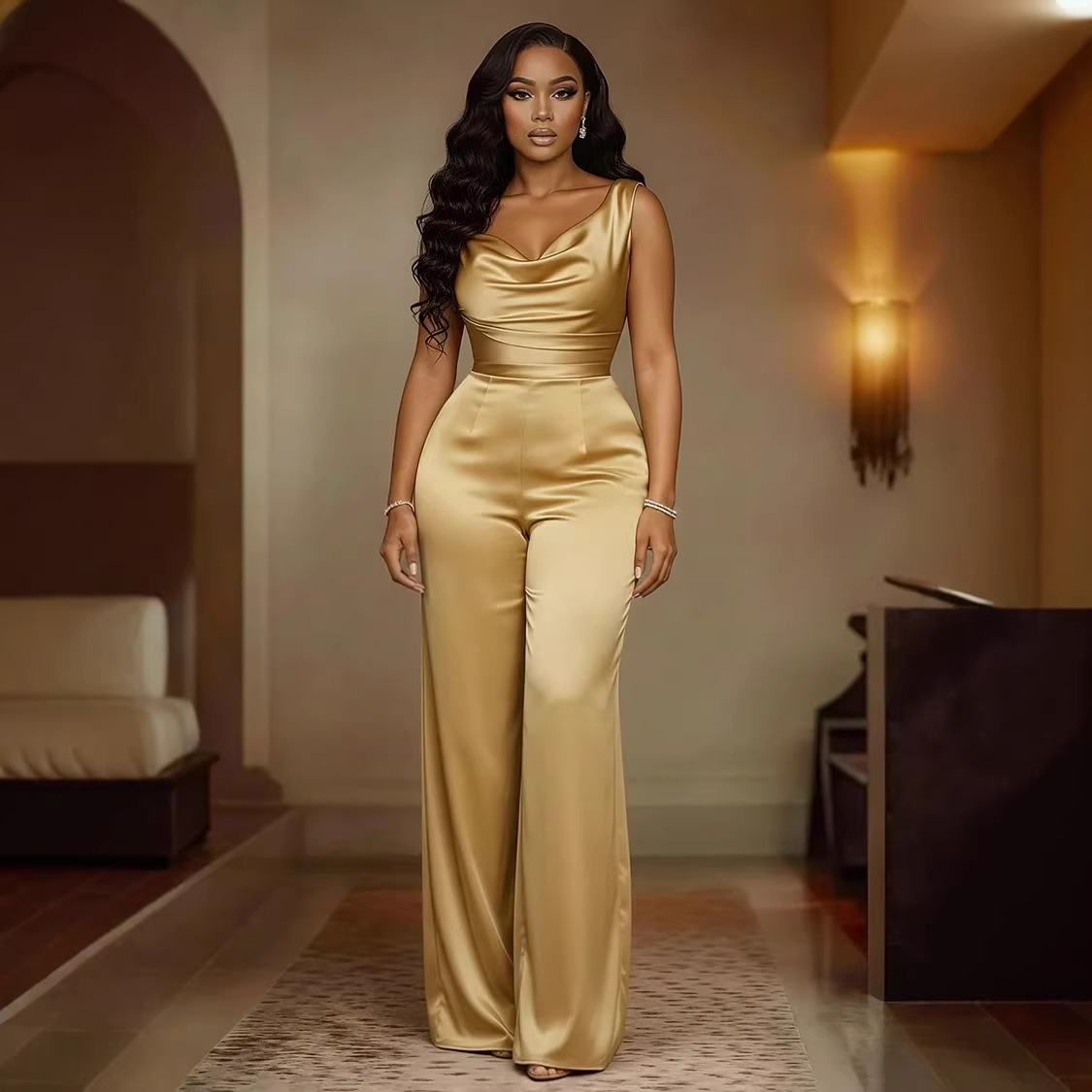 2026 New European and American Style Champagne Gold Satin Jumpsuit Sleeveless Draped Collar Waist-Cinching Wide-Leg Pants Cross-Border Women's Clothing Wholesale