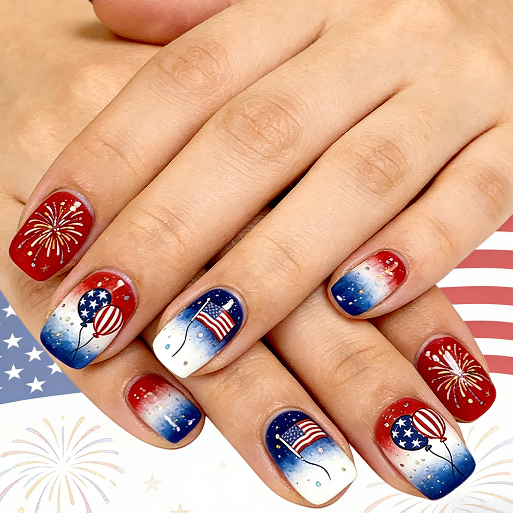 Independence Day Chinese and European Style Square Fake Nails Sweet Fireworks Starry Sky Balloon Gradient Wearable Nails Removable 24 Pieces Wholesale