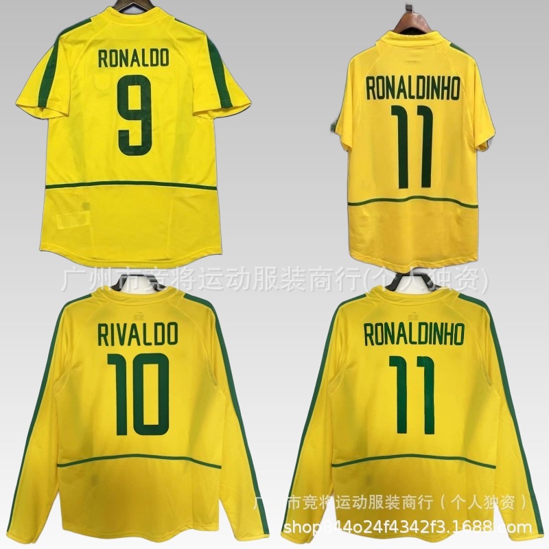98-2004 Brazil Home Retro Ronaldo and Ronaldinho Football Jersey Short-Sleeve Shirt with Printed Numbers Commemorative Football Shirt