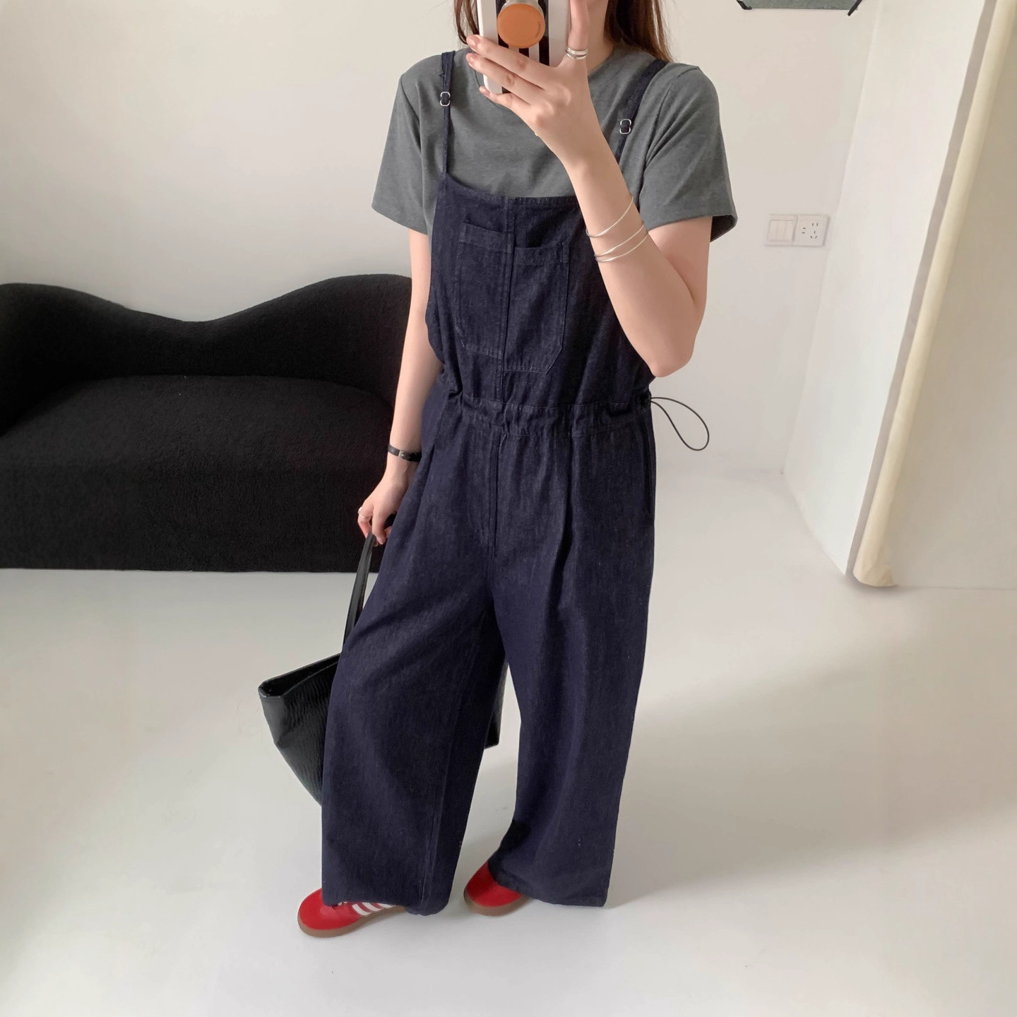 Wide-Leg Jumpsuit Overalls for Women 2025 Autumn Casual Korean Style Drawstring Waist Slimming Long Straight-Leg Jeans