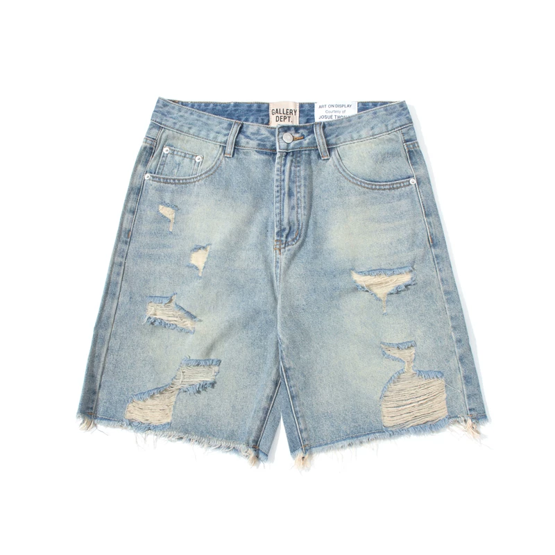 Gallery Dept's new distressed washed denim shorts with knife cut tassel for youth casual wear
