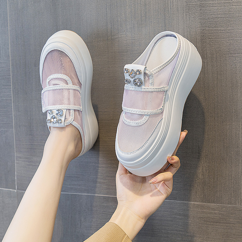 Slip-On Half-Slip Shoes for Women with Thick Soles for Height Increase, Breathable Mesh Hollow Design, New Summer 2026 Model with Velcro