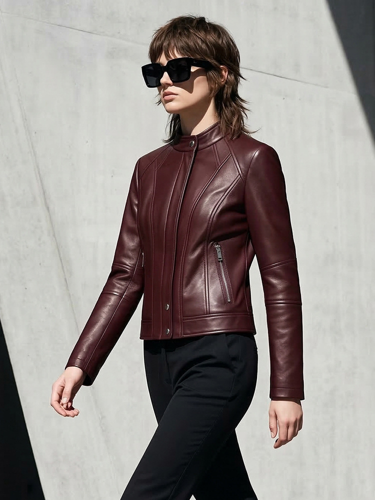 Burgundy Genuine Leather Stand-Collar Jacket for Women, Short Slim-Fit Style, Flattering for Work, Biker Jacket with a Cinched Waist