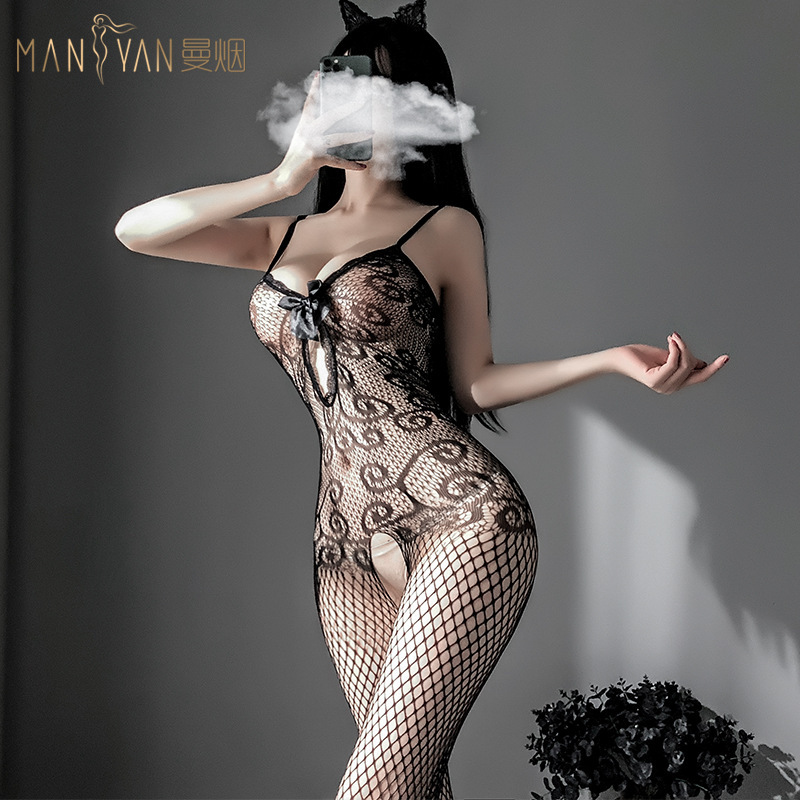 Sexy Lingerie with Suspenders and Bowknot, Hollow-Out Bodysuit with Fishnet Stockings, Wholesale Sexy Stockings 7943