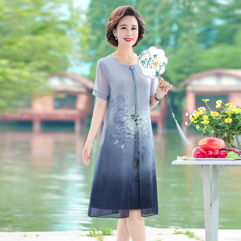 Mom's Summer Dress, Stylish and Elegant Chiffon Dress, 2026 New Model, Short-Sleeved, Loose-Fitting, Printed, for Middle-Aged and Elderly Women