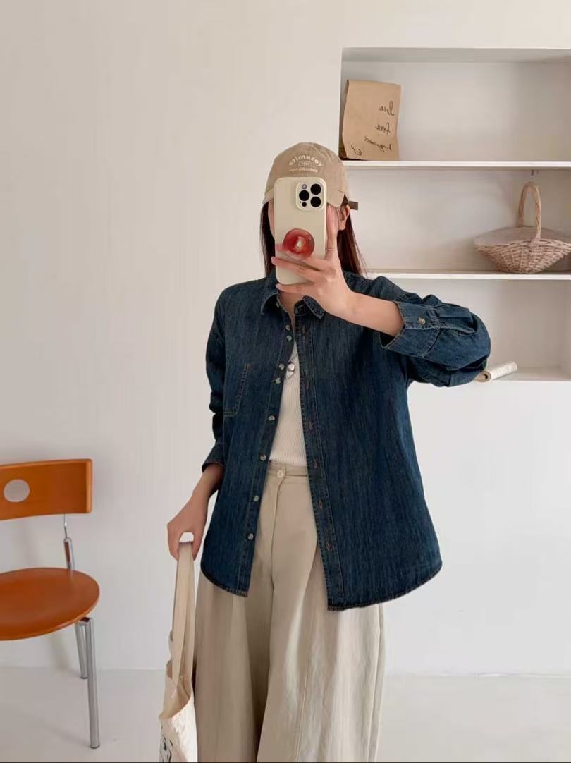 2026 Spring Denim Shirt Long-Sleeved Women's Gradient Color Shirt Jacket Loose Casual Korean Style College Style Shirt