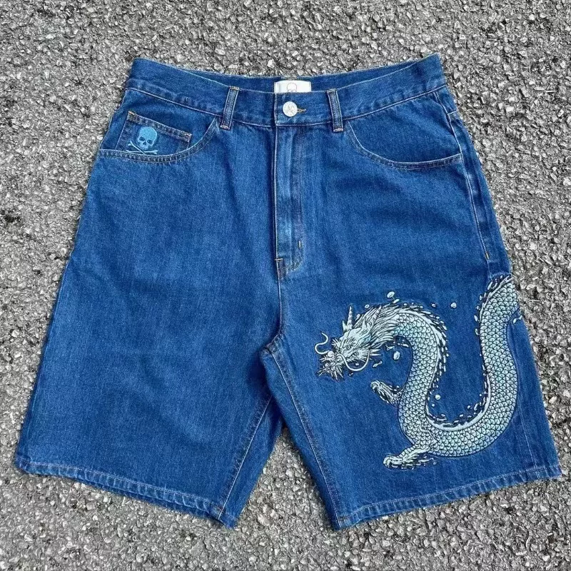 European and American hip-hop street Y2K dragon pattern printed denim shorts, high street casual loose wide leg five quarter pants for men