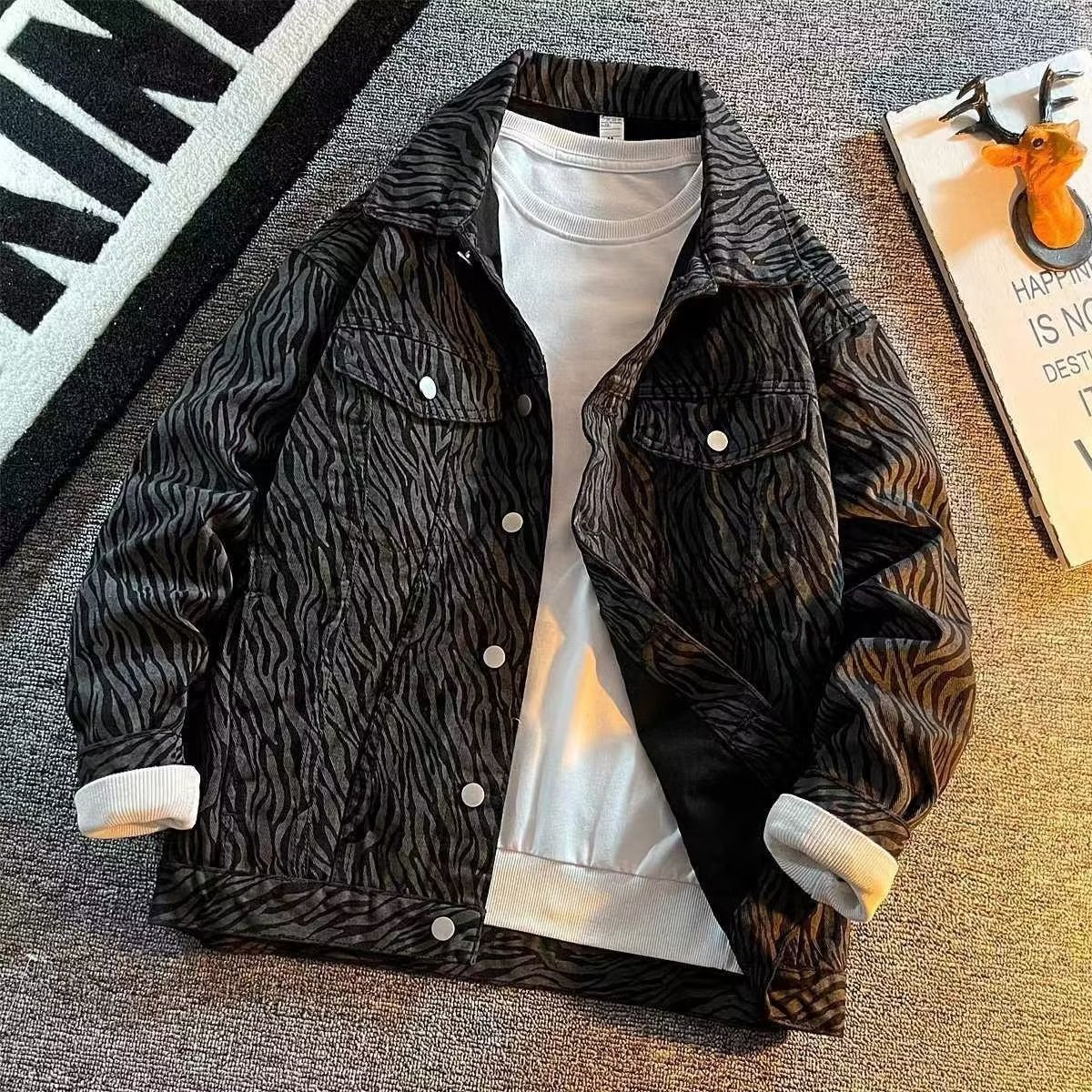2023 Spring New Zebra Print Cargo Jacket Men's Fashionable Korean-style Loose Teenager's Handsome Denim Jacket