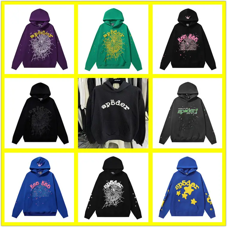 2025 new U.S. tide of men and women with the same 555555 spider web foam print hip-hop loose heavy terry hooded sweatshirt