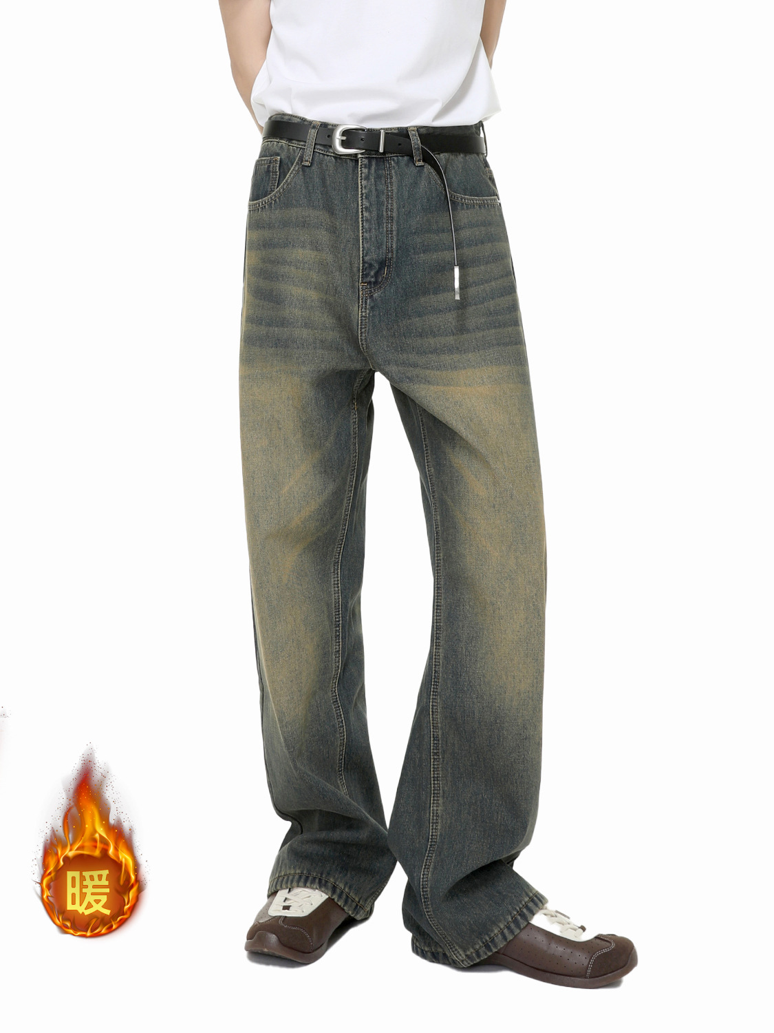Mtlclothes Men's Clothing | Korean Style Washed Vintage Straight-Leg Winter Jeans with Fleece Lining, Casual and Versatile, Trendy.