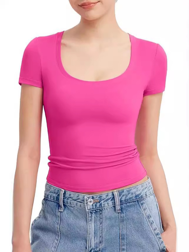 Cross-Border Foreign Trade Amazon European and American Fashion Women's Slim-Fit Short-Sleeve Crop Top Milk Silk Base Layer