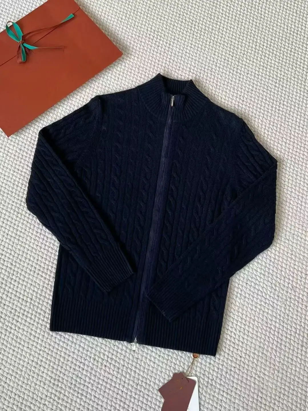 Town Store Laoqian L/P Men Daily Easiest for match Minimalist Half-High Collar Zipper Cable Knit Cashmere Sweater Outwear