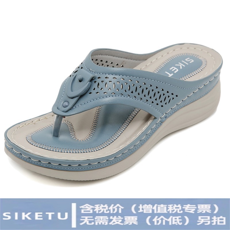 (Sold Out, No Restock) Js777-8 Cross-Border Round-Toe Fashion Thong-Style Cut-Out Women's Wedge Casual Large Size Sandals
