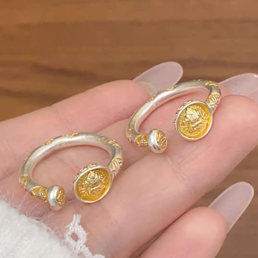 Huang Caishen's Good Words Ring Women's New Chinese Fashion Opening Ring Lucky Peace and Joy Elegant Artistic Ring for Women